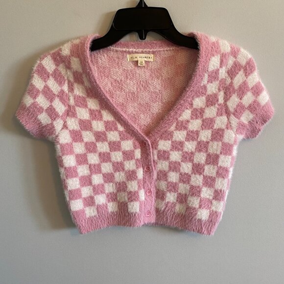 PacSun Fluffy Checkered Pink Short Sleeved Cropped Cardigan - Picture 1 of 9